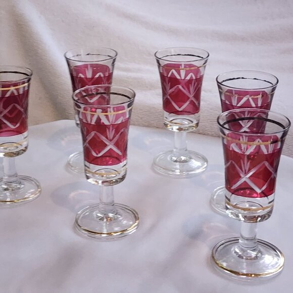 Cristallerie Artistiche Ruby Red Flashed Cordial Shot Glasses 6pc Set Italy 60s - Picture 5 of 8